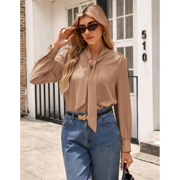 Women's Long Sleeve Bow Tie Blouse Business Office Casual Top Medium - Picture 2 of 5